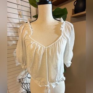 Free People White Ruffle V-Neck Peasant Top